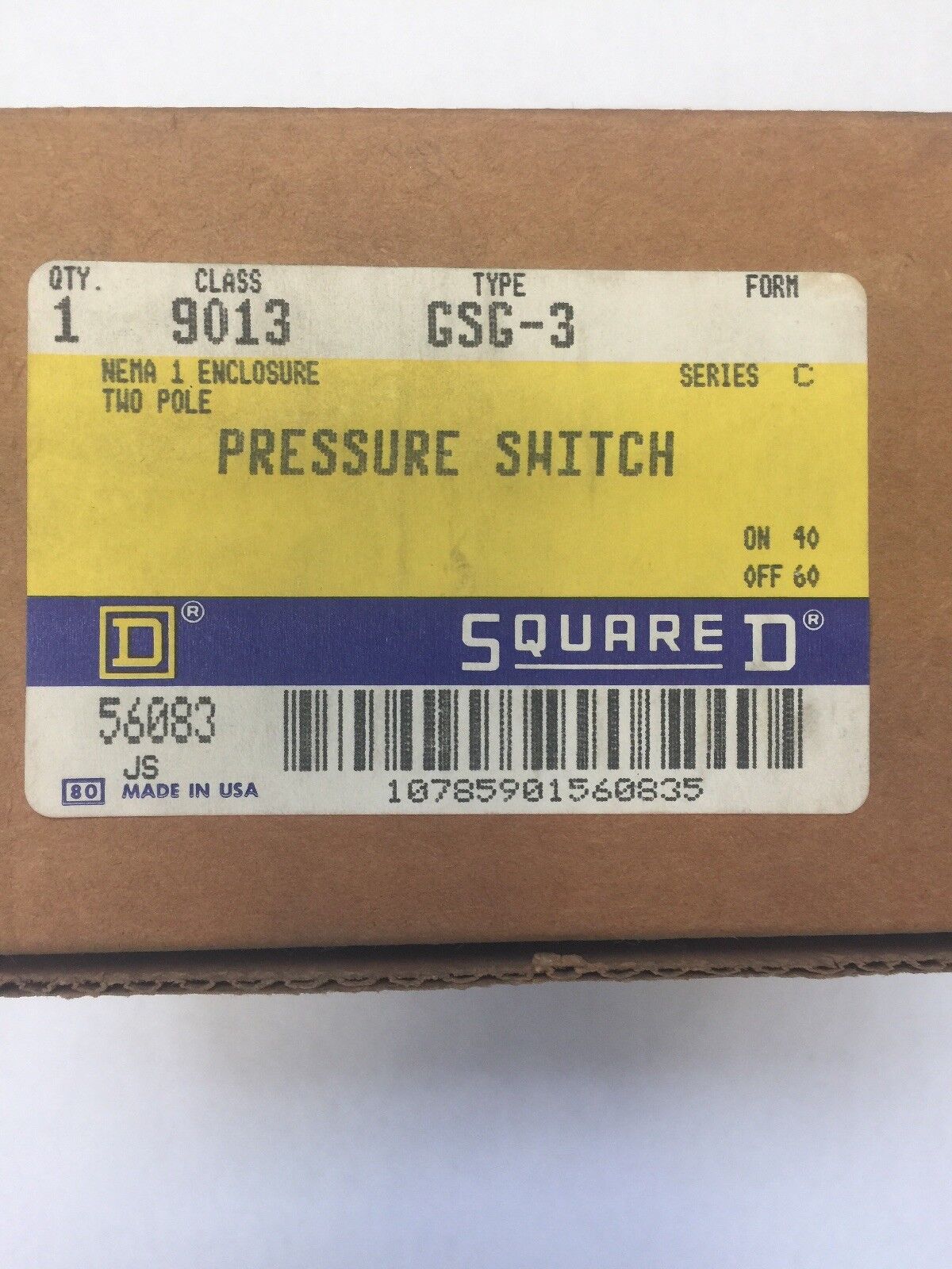 SQUARE D 9013 GSG-3 PRESSURE SWITCH NEMA 1 ENCLOSURE 2 POLE SERIES C