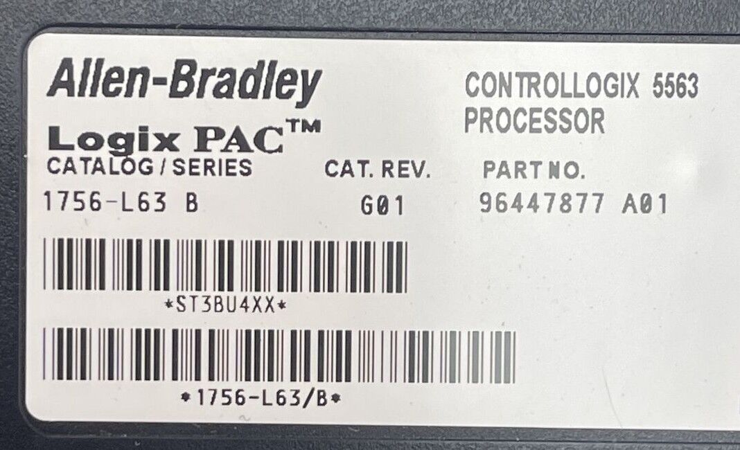 ALLEN BRADLEY 1756-L63 CONTROL LOGIX 5563 PROCESSOR CAT REV G01 F/W REV 1.9