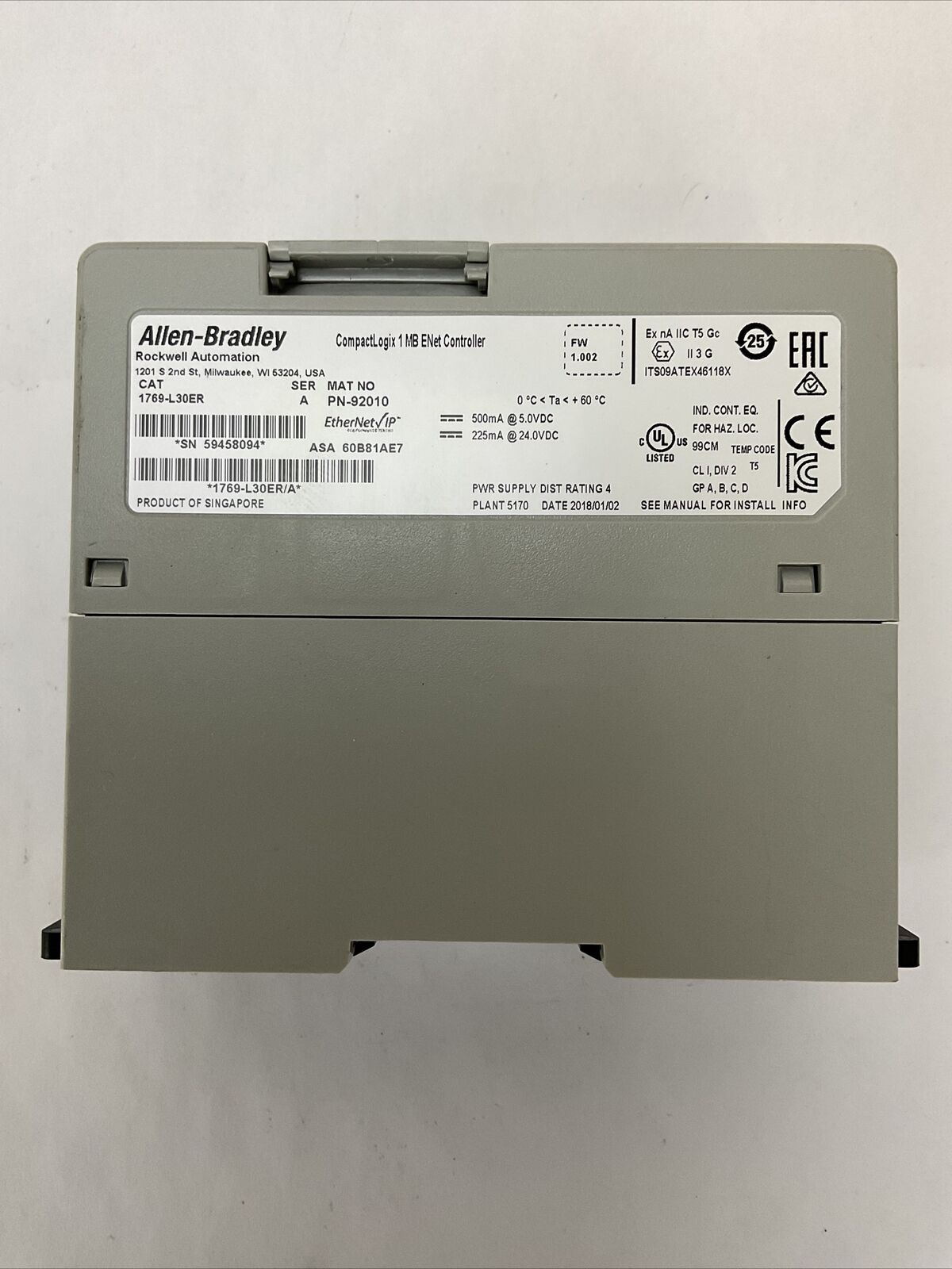 ALLEN BRADLEY 1769-L30ER SER A FW 1.002 COMPACT LOGIX 1 MB ENET CONTROLLER