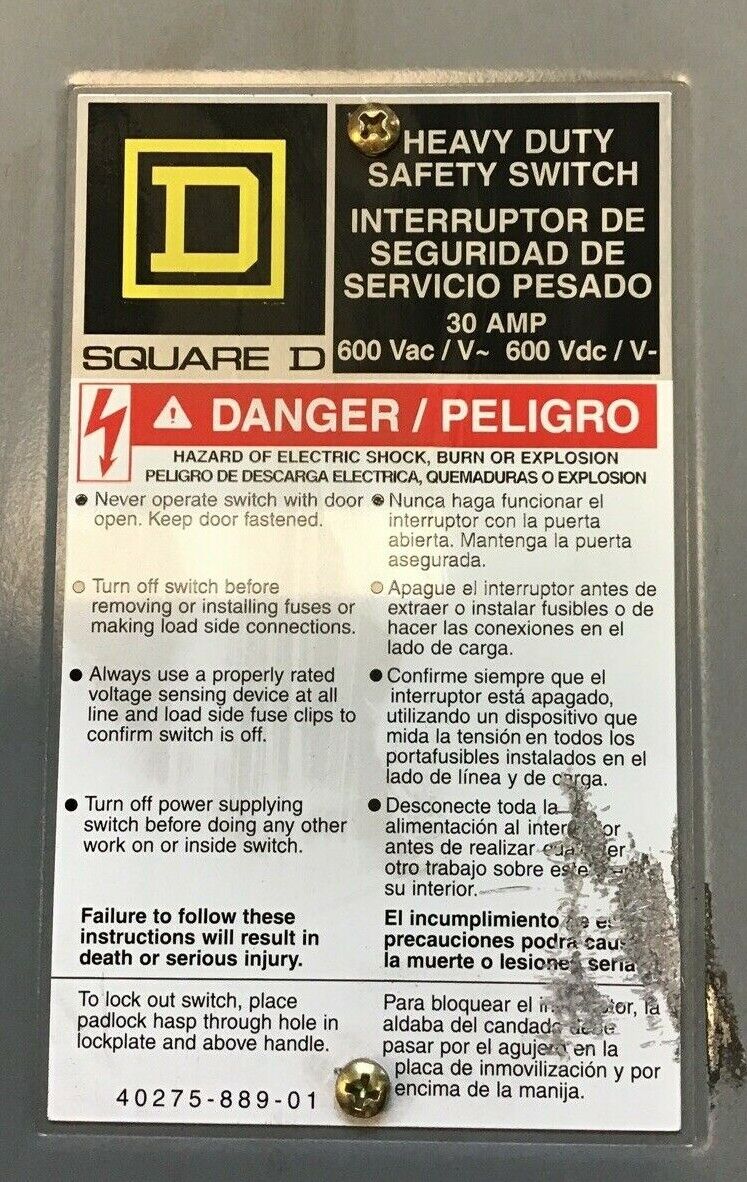 SQUARE D SAFETY SWITCH HU361 SER.F01 30A TYPE1 600VAC