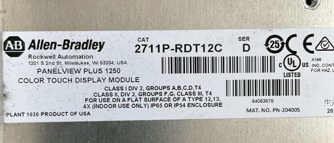ALLEN BRADLEY 2711P-T12C4D1 PANELVIEW PLUS 2711P-RN6 2711P-RDT12C 2711P-RP1X