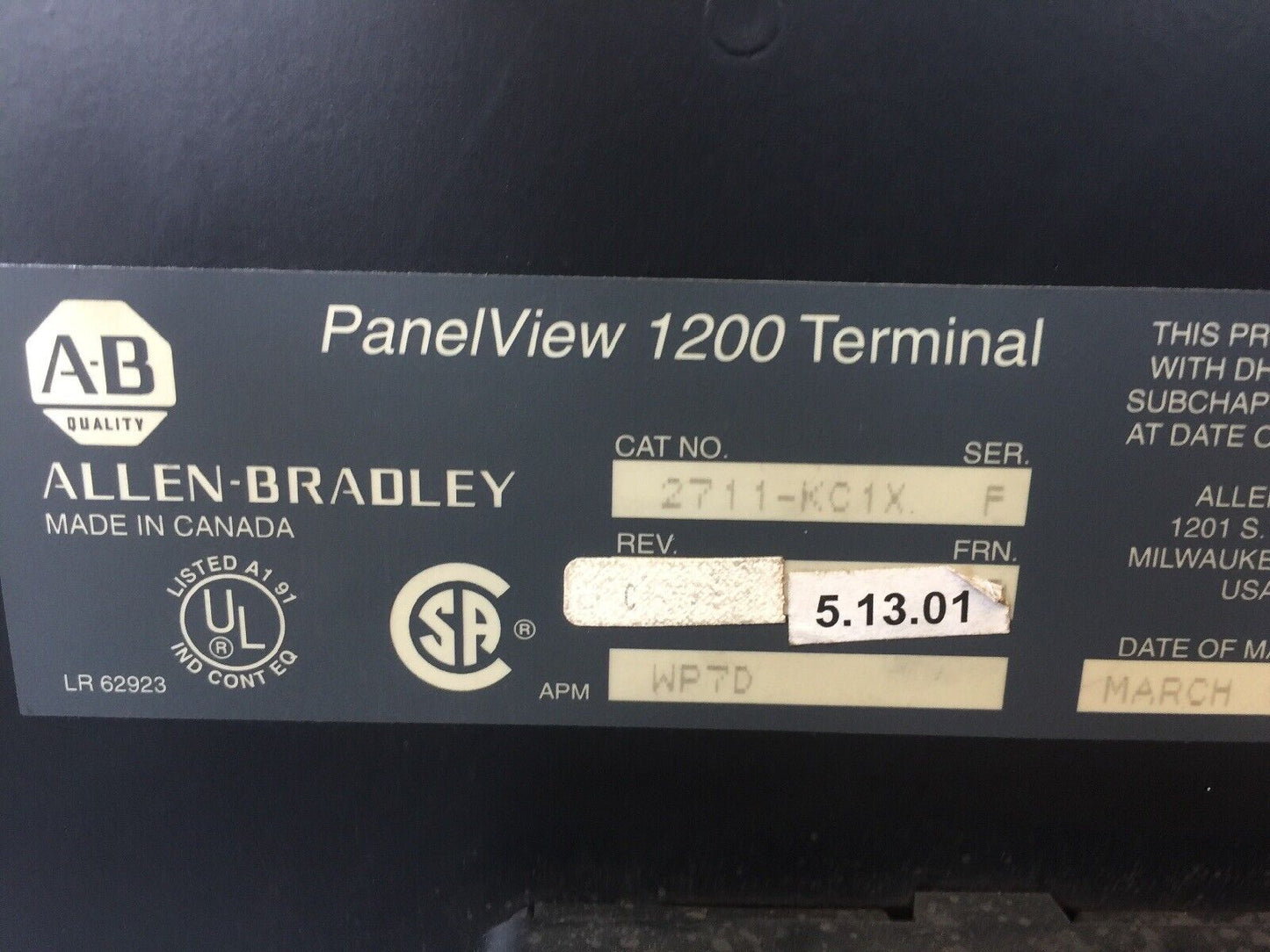 ALLEN BRADLEY 2711-KC1X PANELVIEW 1200 TERMINAL SER F REV C FRN 5.13.01 APM WP7D