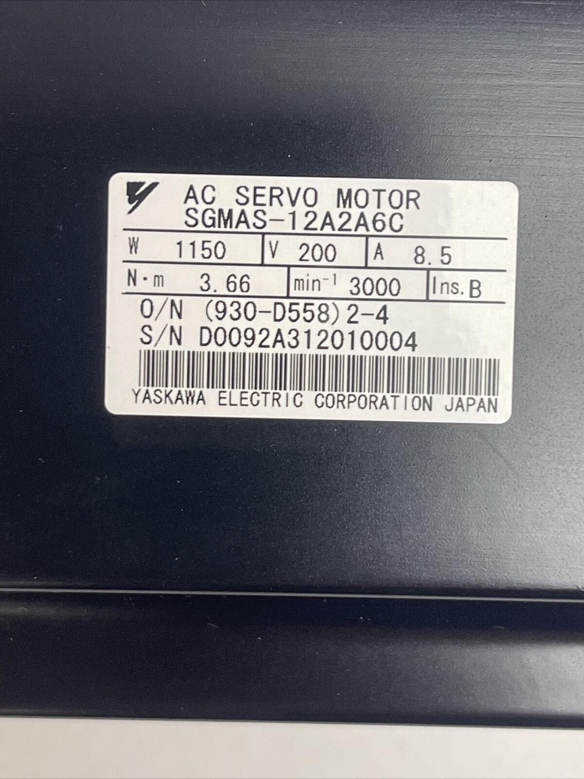 YASKAWA SGMAS-12A2A6C AC SERVO MOTOR 200V 1150W 8.5A 3.66Nm