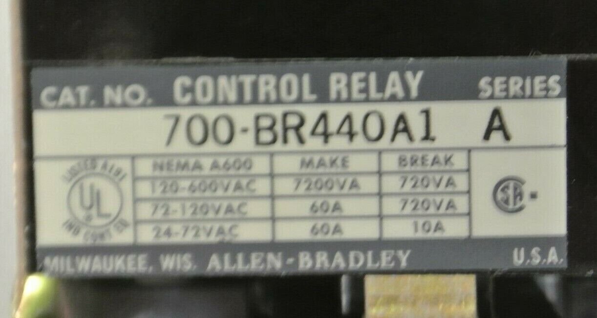 ALLEN-BRADLEY 700-BR440A1TYPE BR AC RELAY / 4 N.O., 4 N.C. / 120V / NEW SURPLUS
