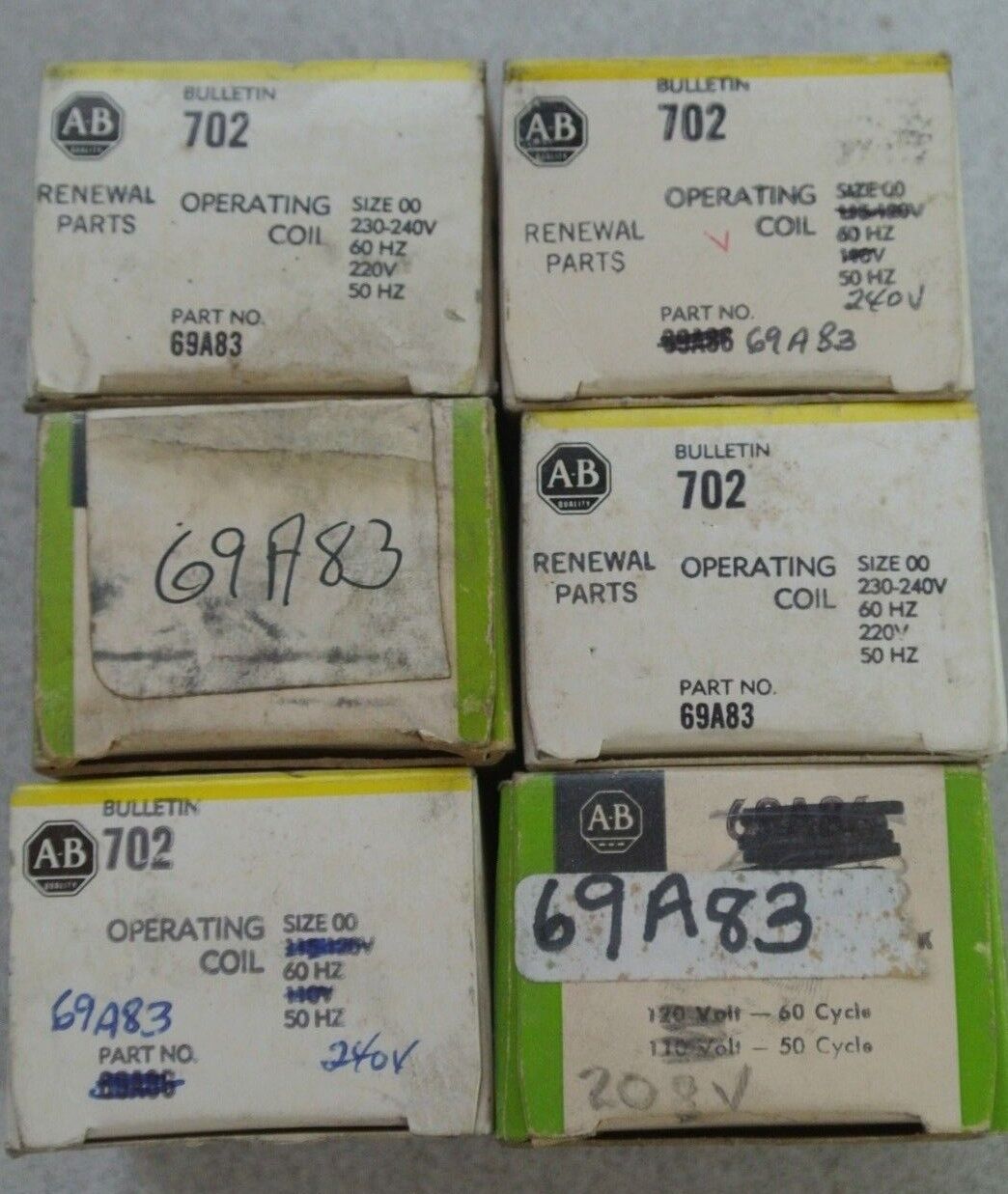 ALLEN-BRADLEY 69A83 COIL SIZE 00 220/50Hz, 230-240V/60Hz NEW SURPLUS LOT of 6