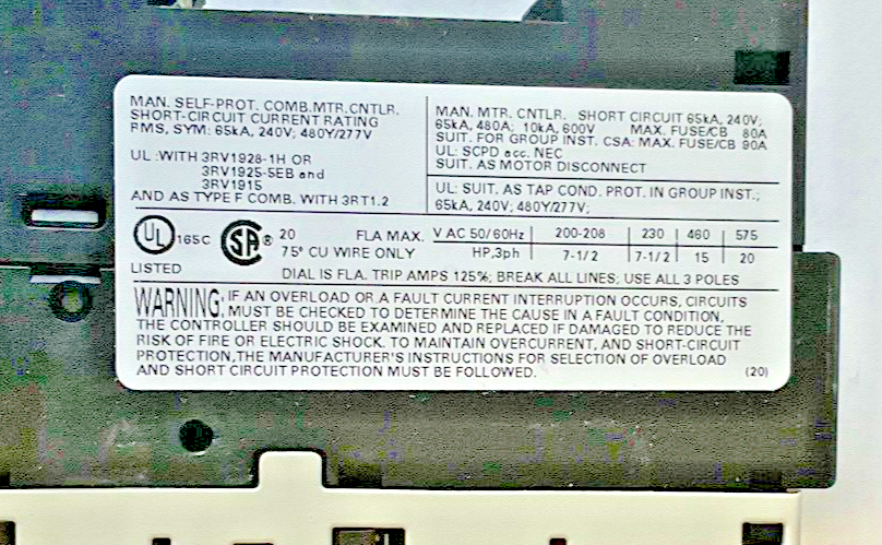 SIEMENS 3RV1021-4BA10 MOTOR CONTROL 14-20A