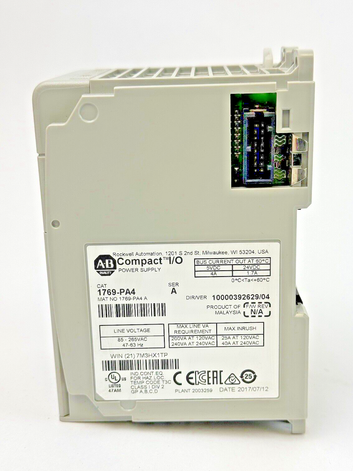 ALLEN-BRADLEY - 1769-PA4 SER. A, F/W REV. N/A, DIR/VER 10000392629/04 - PWR SPLY
