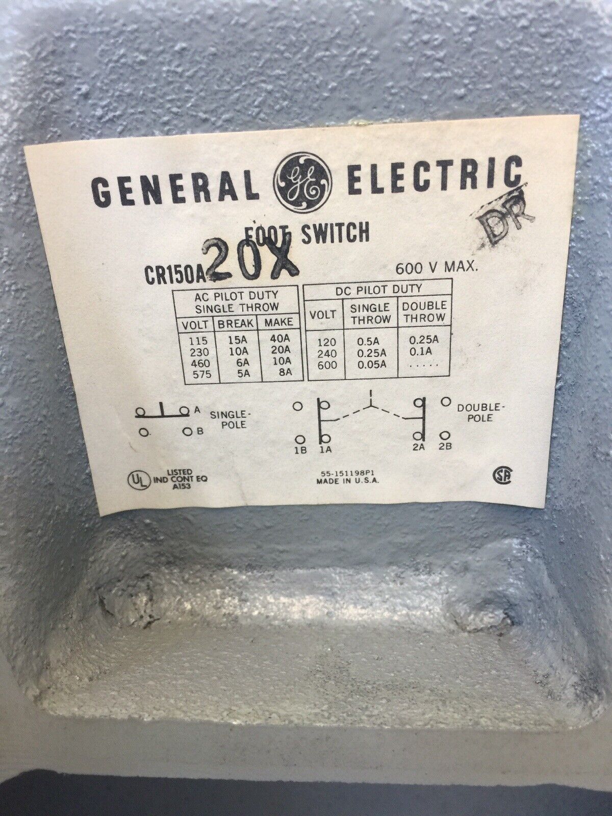 GE CR150A20X FOOT SWITCH 600V AC/DC