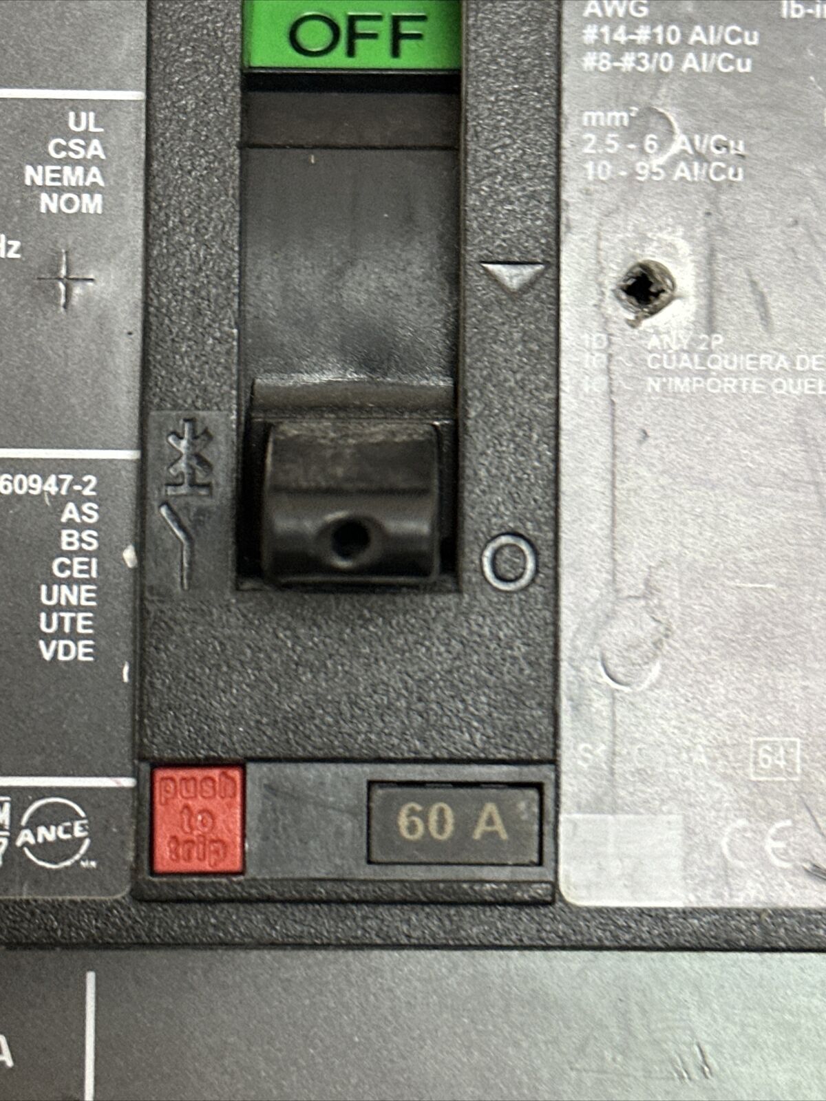 SQUARE D HJA36060YP POWER PACT CIRCUIT BREAKER 60A 600VAC 250VDC 3POLE