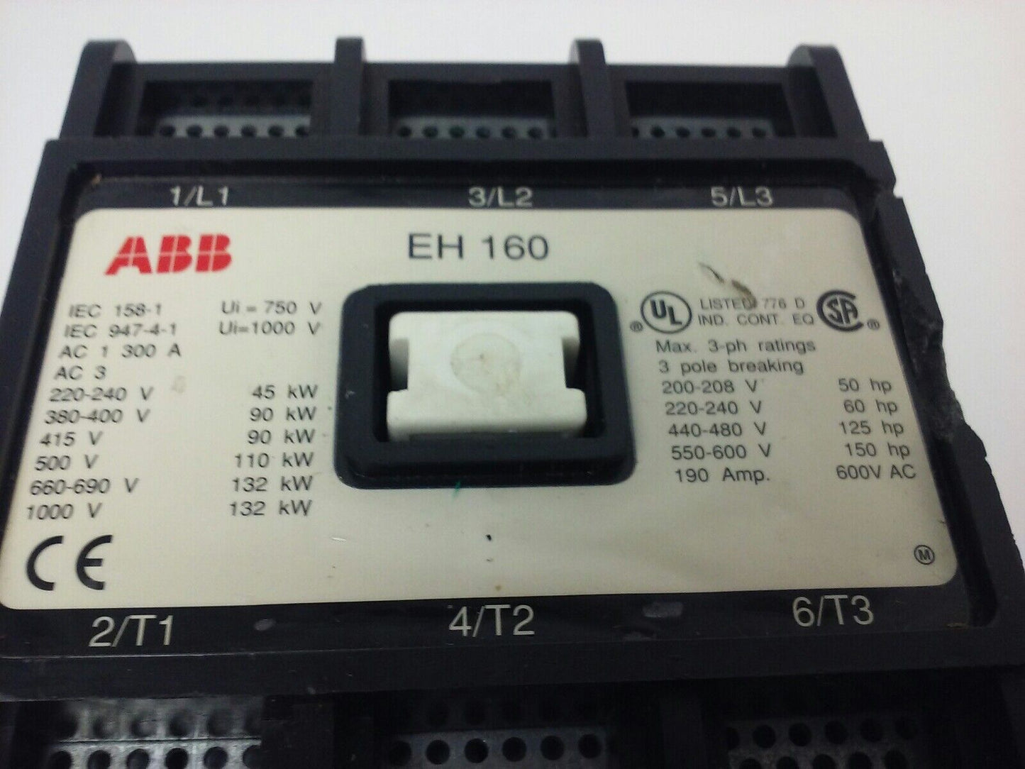 ABB EH160 CONTACTOR, 3PH, 3P BREAKING, 600V, 50-150H.P., 190A, CHIP PLASTIC