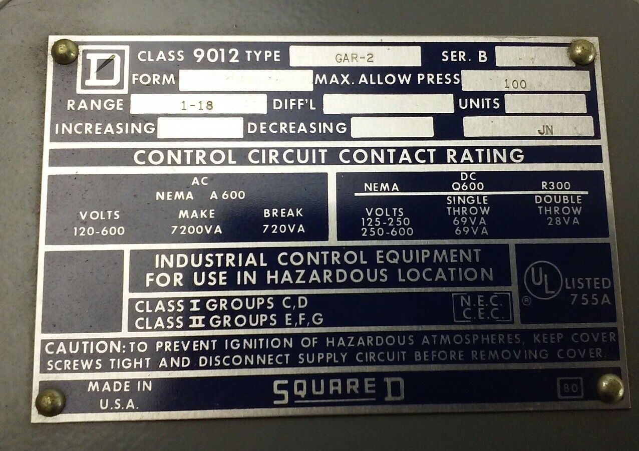 Square D PRESSURE SWITCH 9012GAR2 - Class 9012, Type GAR-2, Ser. B, Range 1-18