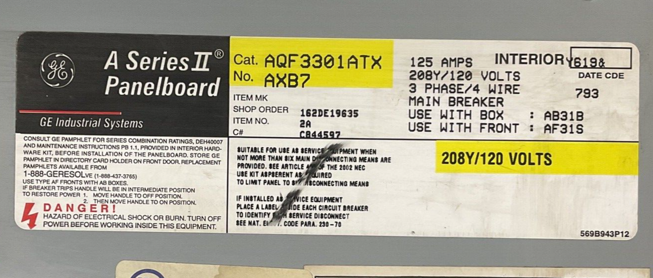 GENERAL ELECTRIC AQF3301ATX PANELBOARD 125A 3PH 208Y/120VOLTS