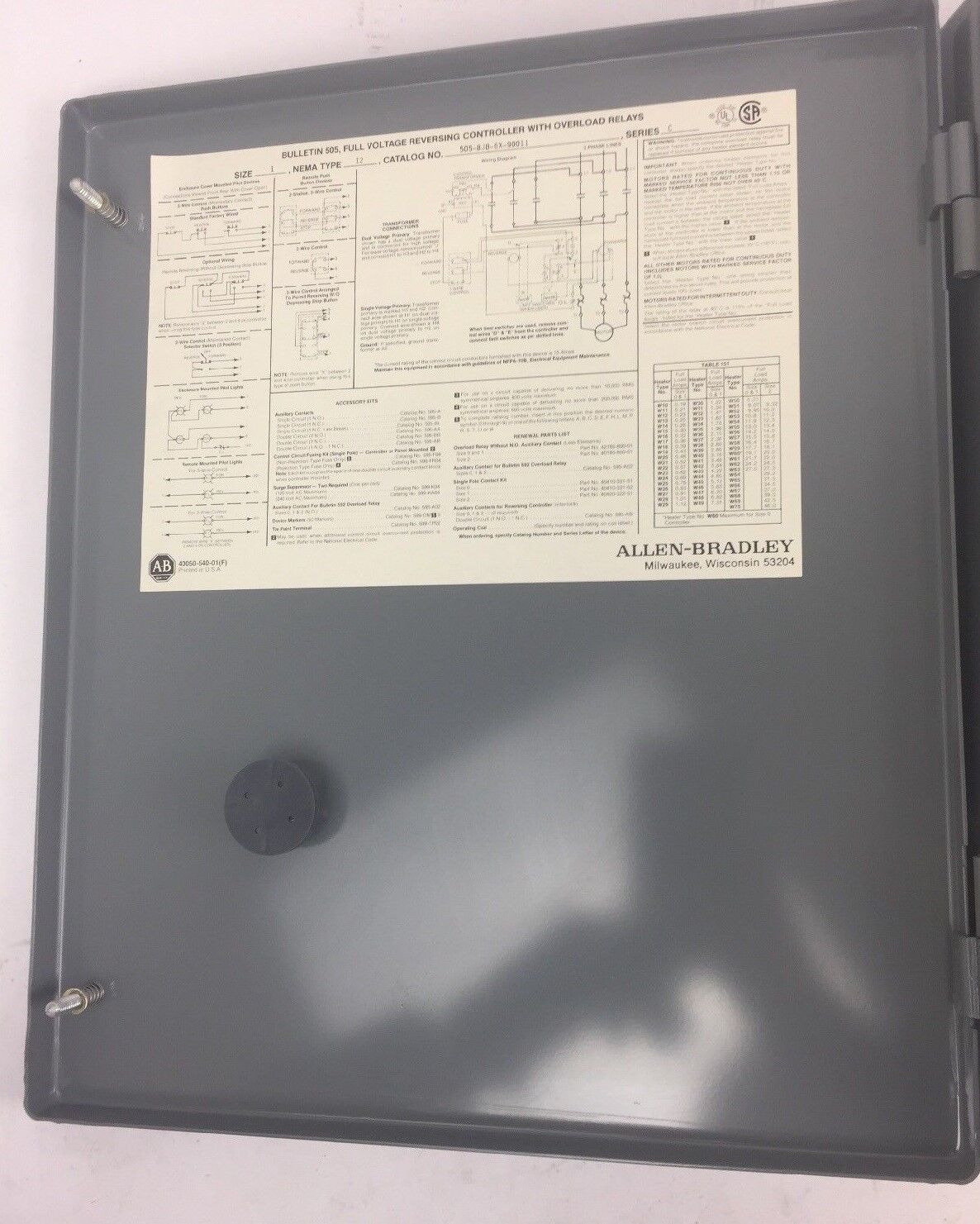 ALLEN BRADLEY 505-BJB-6X-90011 FULL VOLTAGE REVERSING STARTER 115-120V 60HZ
