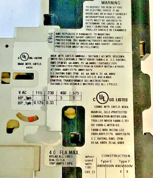 ALLEN BRADLEY 140M-C2E-B40 STARTER SER.C W/ 140M-C-AFA11 SER.A AUX CONTACT