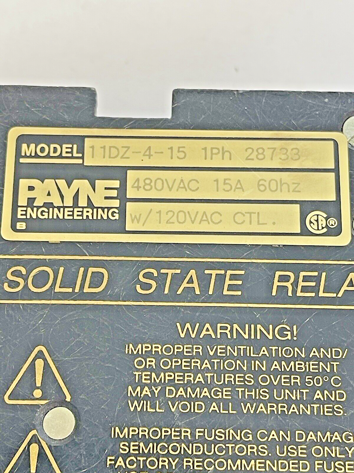 PAYNE ENGINEERING - 11DZ-4-15 - SOLID STATE RELAY - 1Ph, 480 VAC, 15A, 60Hz