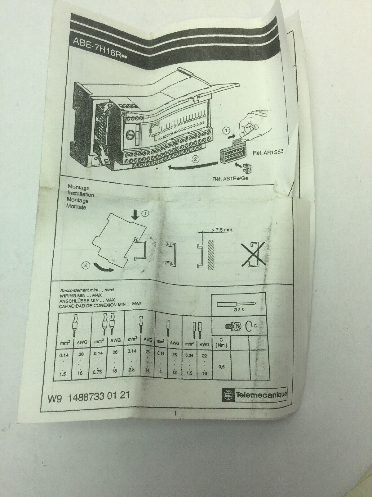 TELEMECANIQUE ABE7 H16R21 WIRING BASE W/2T. BLOCK PER CHANNEL (2 DECKS) 30VDC