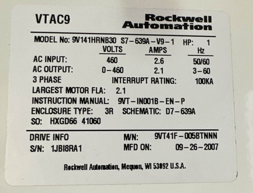 ROCKWELL AUTOMATION VTAC 9 HVAC DRIVE 9V141HRNB30 S7-639A-V9-1 460VAC 1HP 3PH