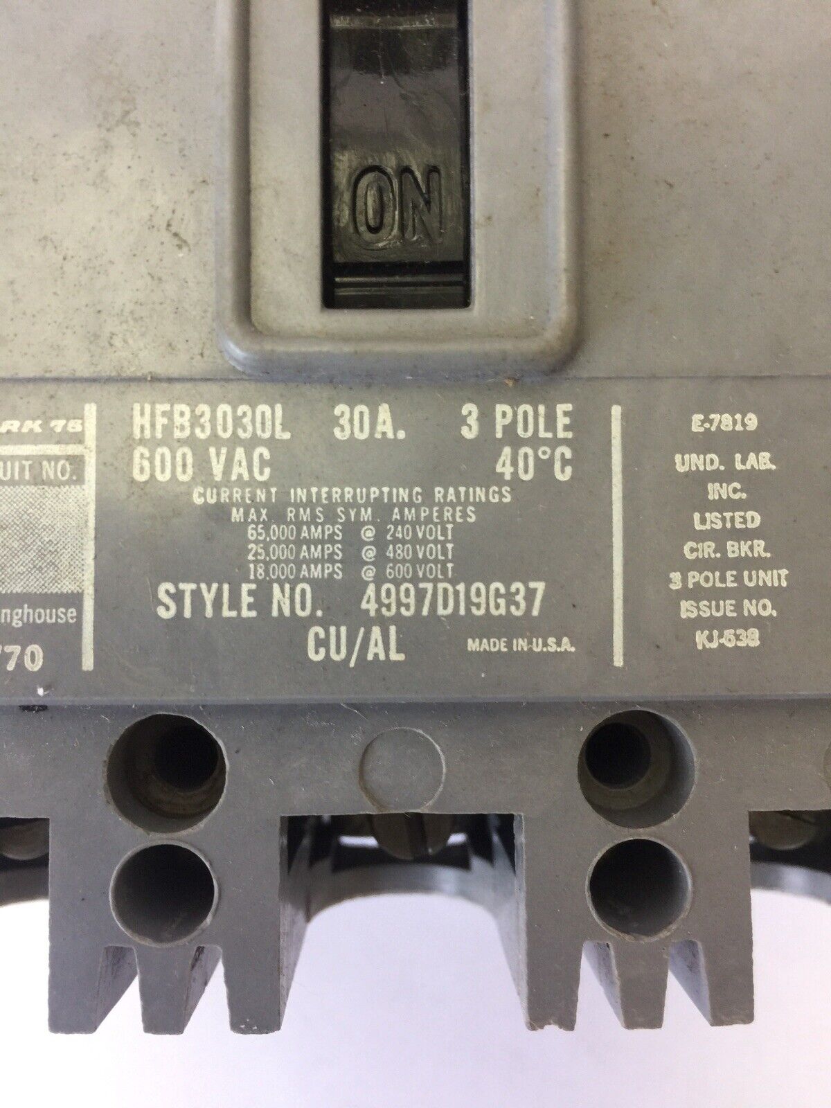 WESTINGHOUSE HFB3030L AB DE-ION CIRCUIT BREAKER 30AMP 600VAC 3P 4997D19G37