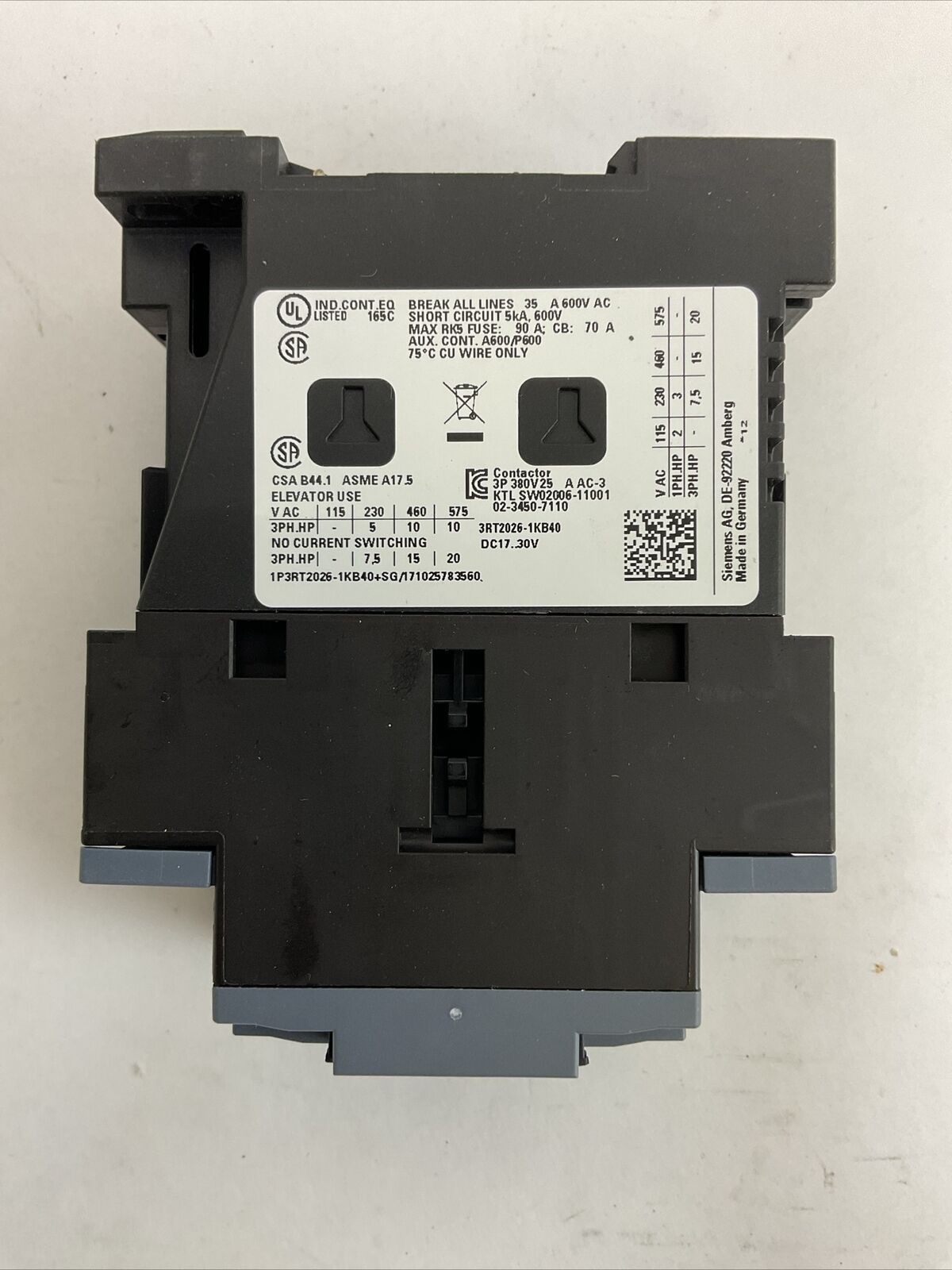 SIEMENS 3RT2026-1KB40 CONTACTOR AC-3 400V 25A 11kW 1NO 1NC COIL 17...30VDC