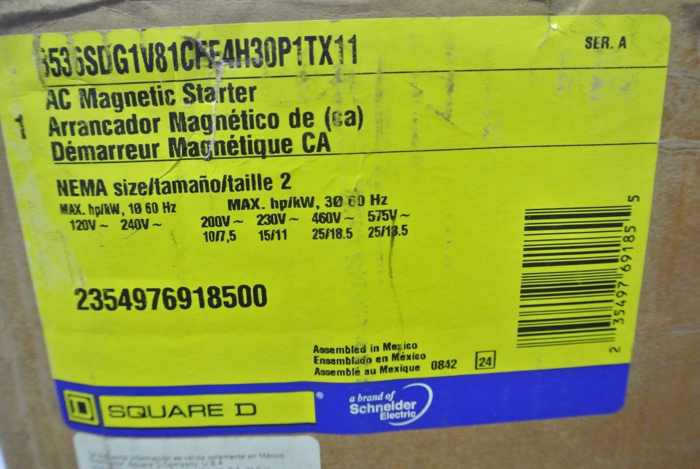 SQUARE D 8536SDG1V81CFF4H30P1TX11 SIZE 2 TYPE S, AC MAGNETIC STARTER NEW SURPLUS