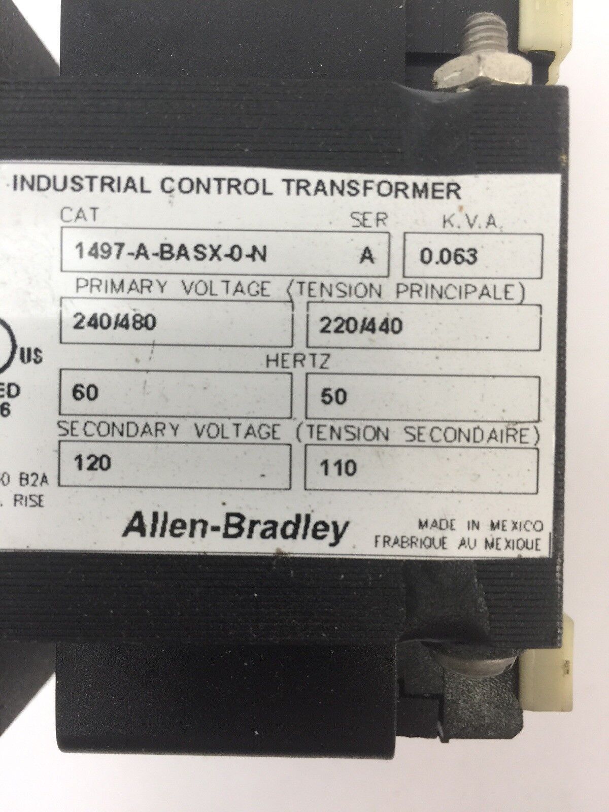 ALLEN BRADLEY 1497-A-BASX-0-N INDUSTRIAL CONTROL TRANSFORMWR 0.063 KVA 240/480V