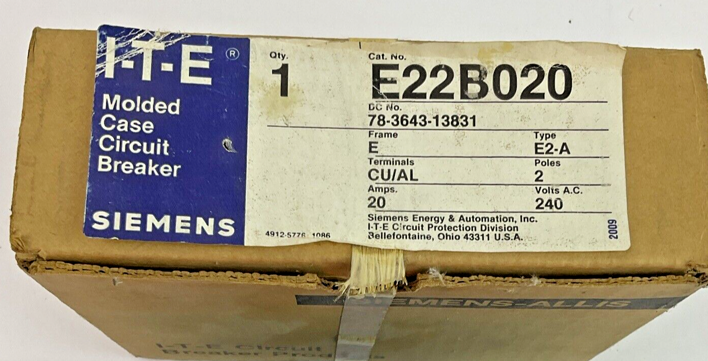 SIEMENS E22B020 CIRCUIT BREAKER FRAME E 240VAC 2POLE 20AMP