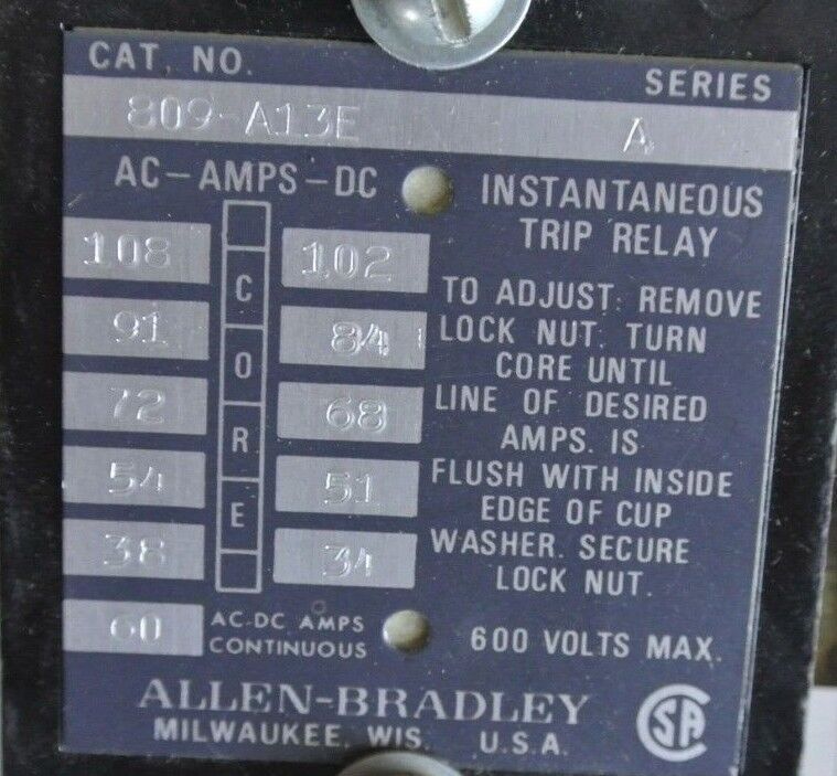 ALLEN-BRADLEY 809-A13E - INSTANTANEOUS TRIP CURRENT RELAY 60A NEW SURPLUS