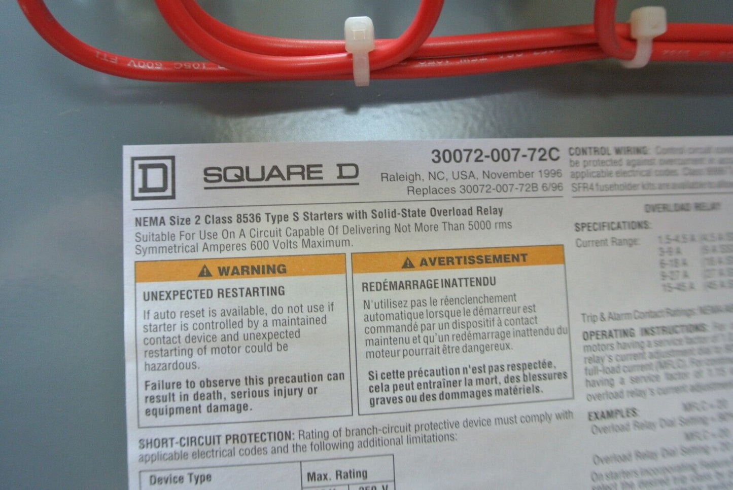 SQUARE D 8536SDG1V81CFF4H30P1TX11 SIZE 2 TYPE S, AC MAGNETIC STARTER NEW SURPLUS