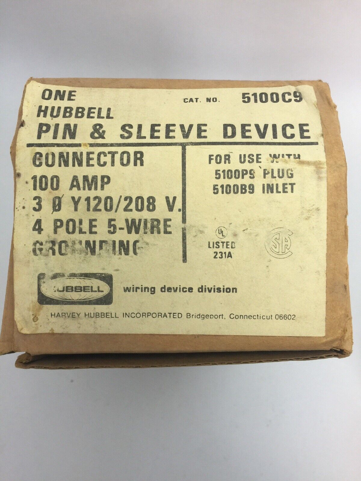 HUBBELL 5100C9 PIN & SLEEVE DEVICE CONNECTOR 100A 120/208VAC 4 POLE 5 WIRE