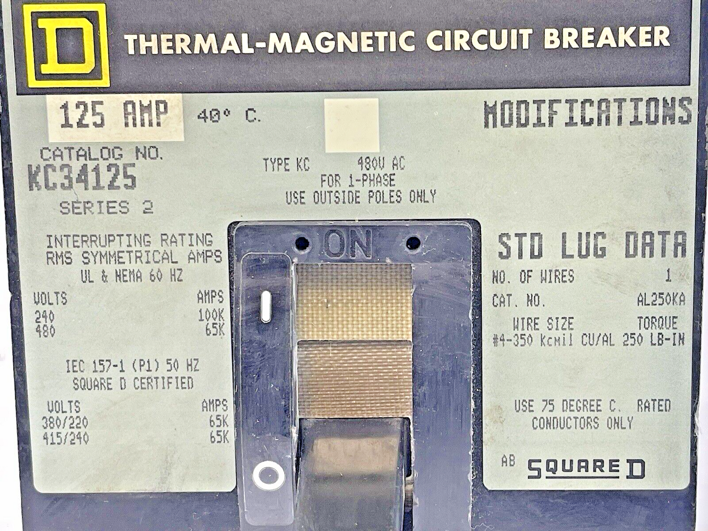 SQUARE D - KC34125 SERIES 2 - CIRCUIT BREAKER - 125 A, 480 VAC, 3 POLE