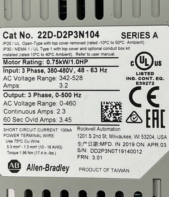 ALLEN BRADLEY 22D-D2P3N104 POWERFLEX 40P SER.A FRN3.01 3PH
