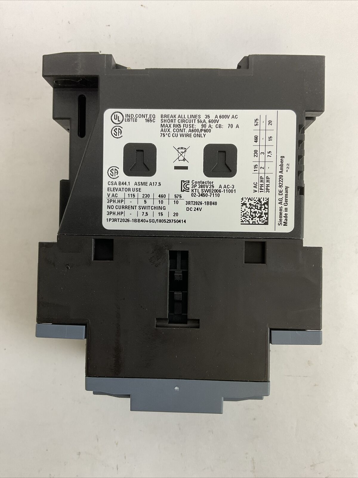 SIEMENS 3RT2026-1BB40 CONTACTOR AC-3 25A 400V 11kW 1NO 1NC COIL 24VDC