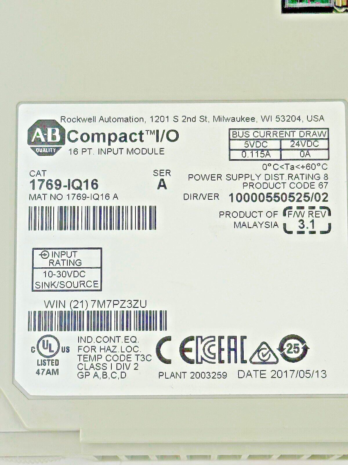 ALLEN-BRADLEY - 1769-IQ16 SER. A, F/W REV 3.1, DIR/VER 10000550525/02 - 16 PT.