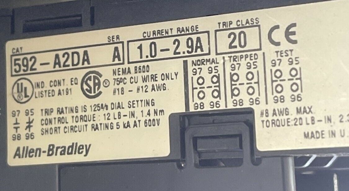 ALLEN BRADLEY 505-BOD-A2D REVERSING STARTER SIZE 1 SER C 600VAC 27A 10HP COIL