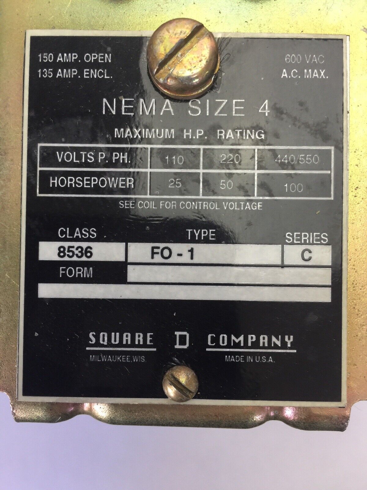 SQUARE D 8536 FO-1 AC MAGNETIC STARTER SIZE 4 600VAC 150AMPS 100HP SERIES C