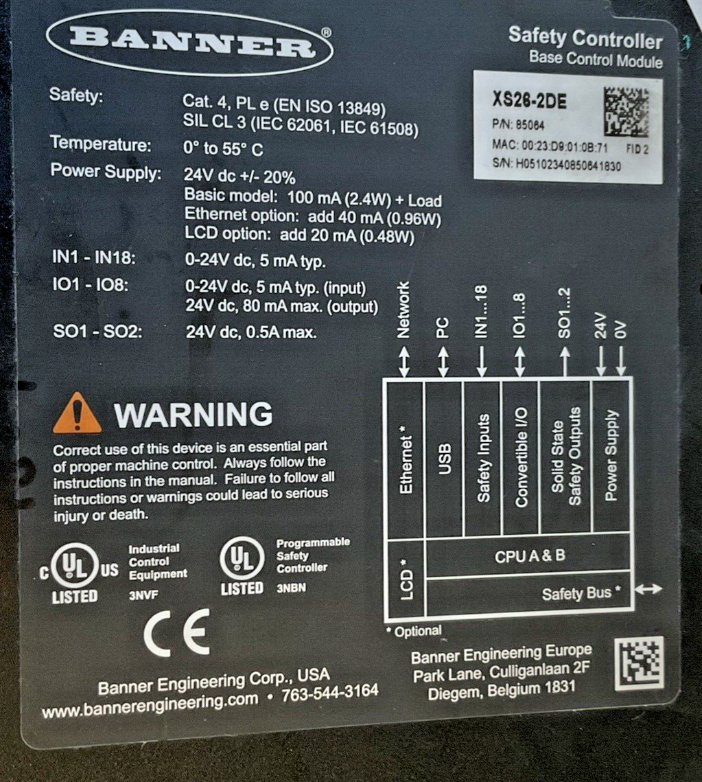 BANNER XS26-2DE SAFETY CONTROLLER 24VDC BASE CONTROL MODULE