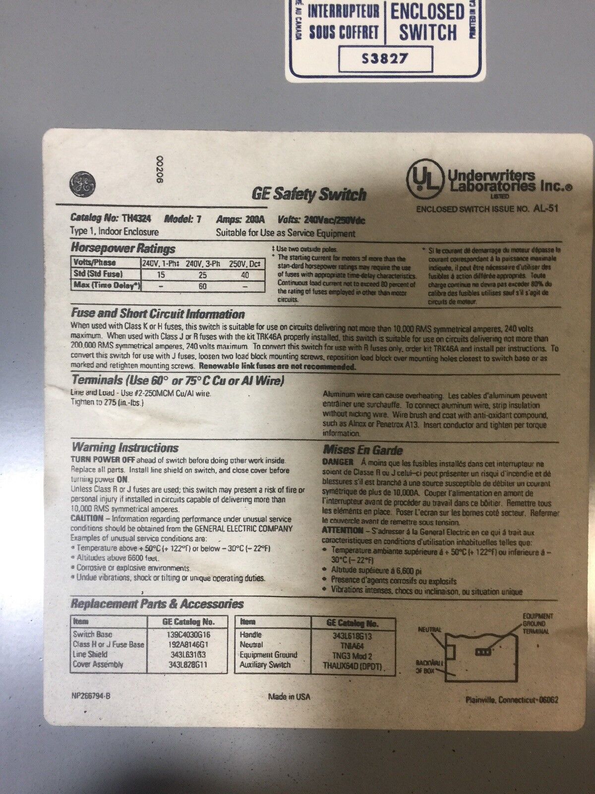 GE TH4324 SAFETY SWITCH 200A 240VAC 250VDC 60HP TYPE 1