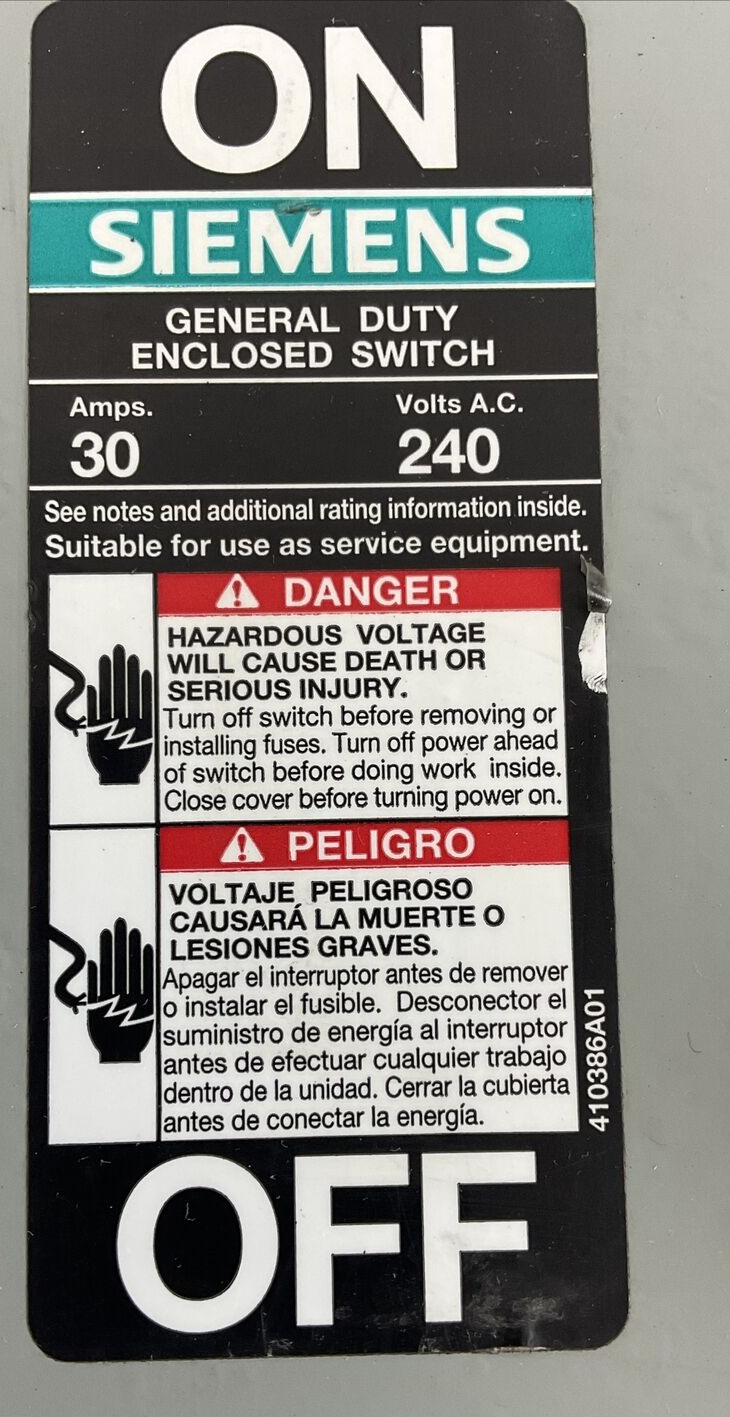 SIEMENS GF221NR ENCLOSED SAFETY SWITCH 30A TYPE 3R 240VAC