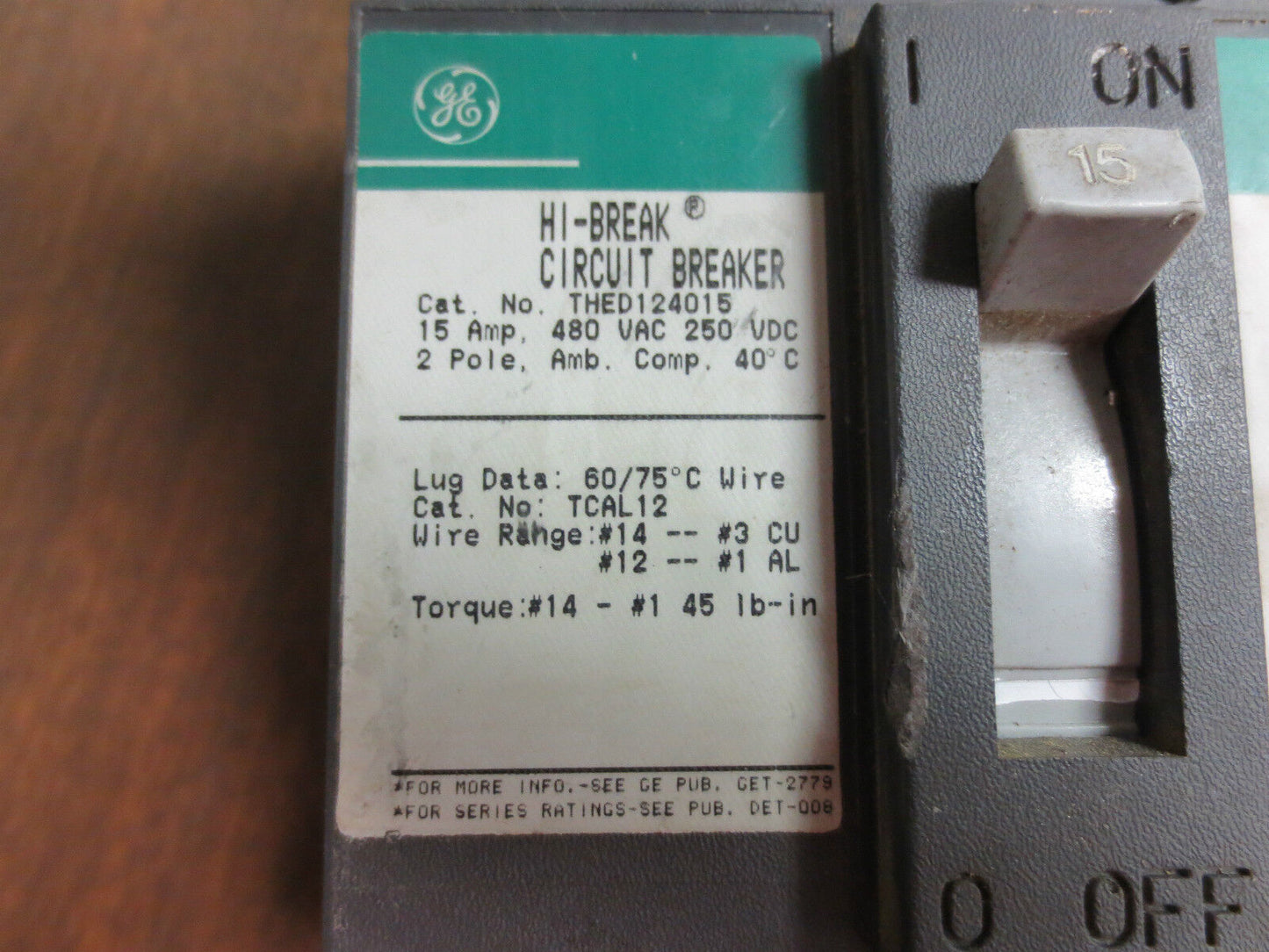 GE THED124015 HI-BREAK CIRCUIT BREAKER 15A 2-POLE 480VAC 250VDC