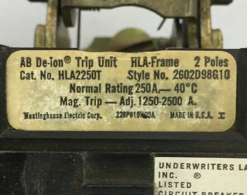 WESTINGHOUSE HLA2250T TRIP UNIT 250AMP 2POLE MAG TRIP ADJ 1250-2500A 2602D98G10