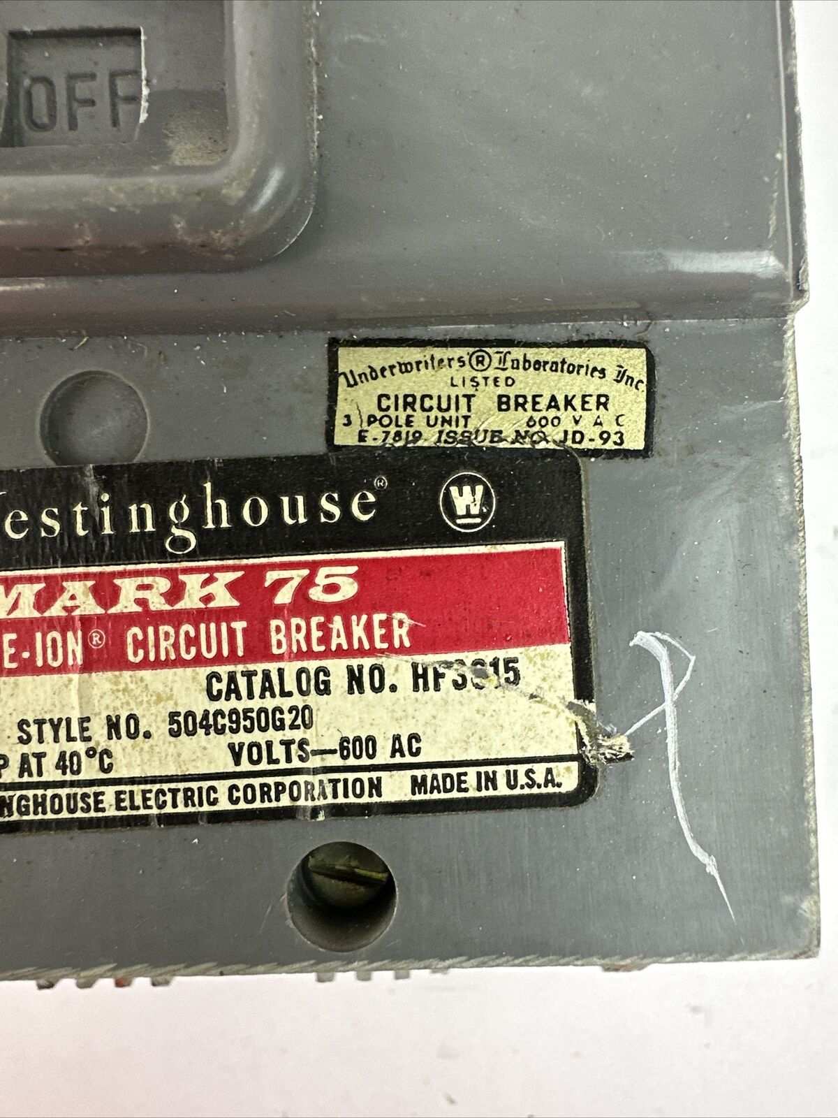 WESTINGHOUSE HF3015 15AMP 600VAC 3POLE MARK 75 AB DE-ION CIRCUIT BREAKER