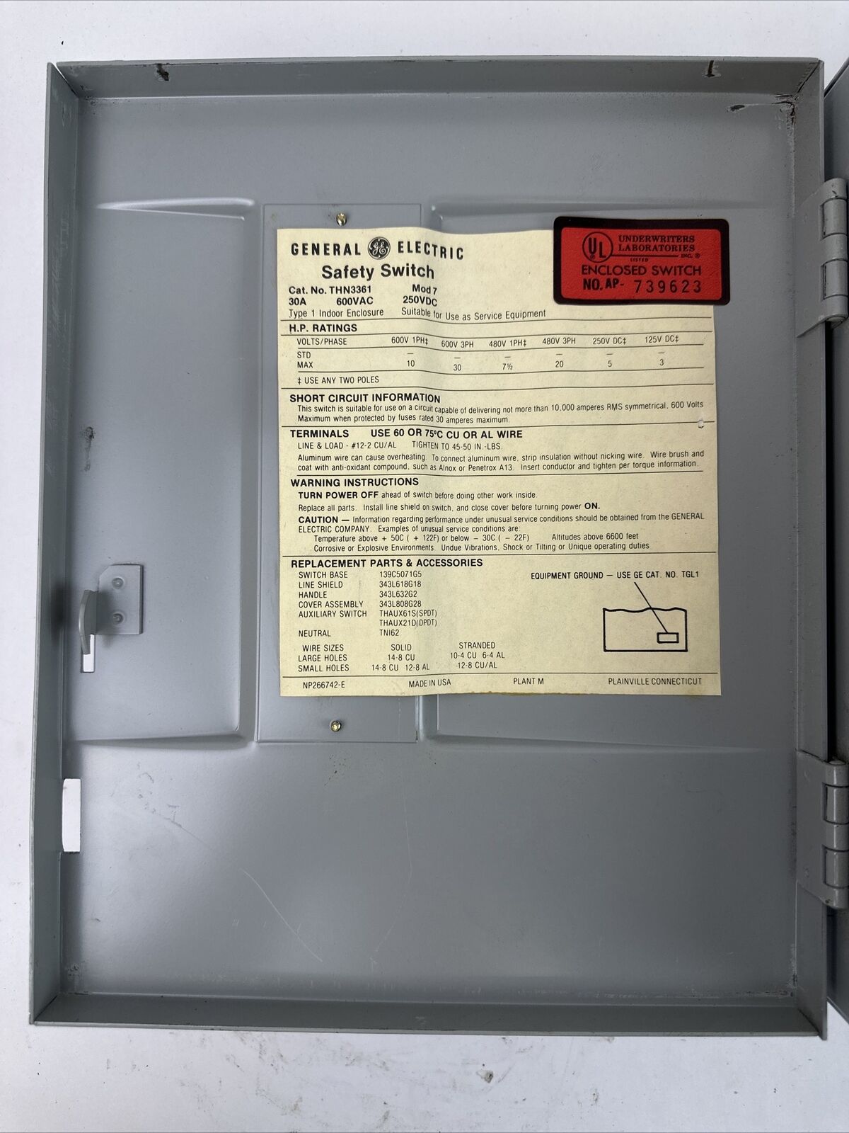 GE THN3361 HEAVY DUTY SAFETY SWITCH 30A MOD 7 600VAC 3PH 30HP 250VDC 5HP TYPE 1