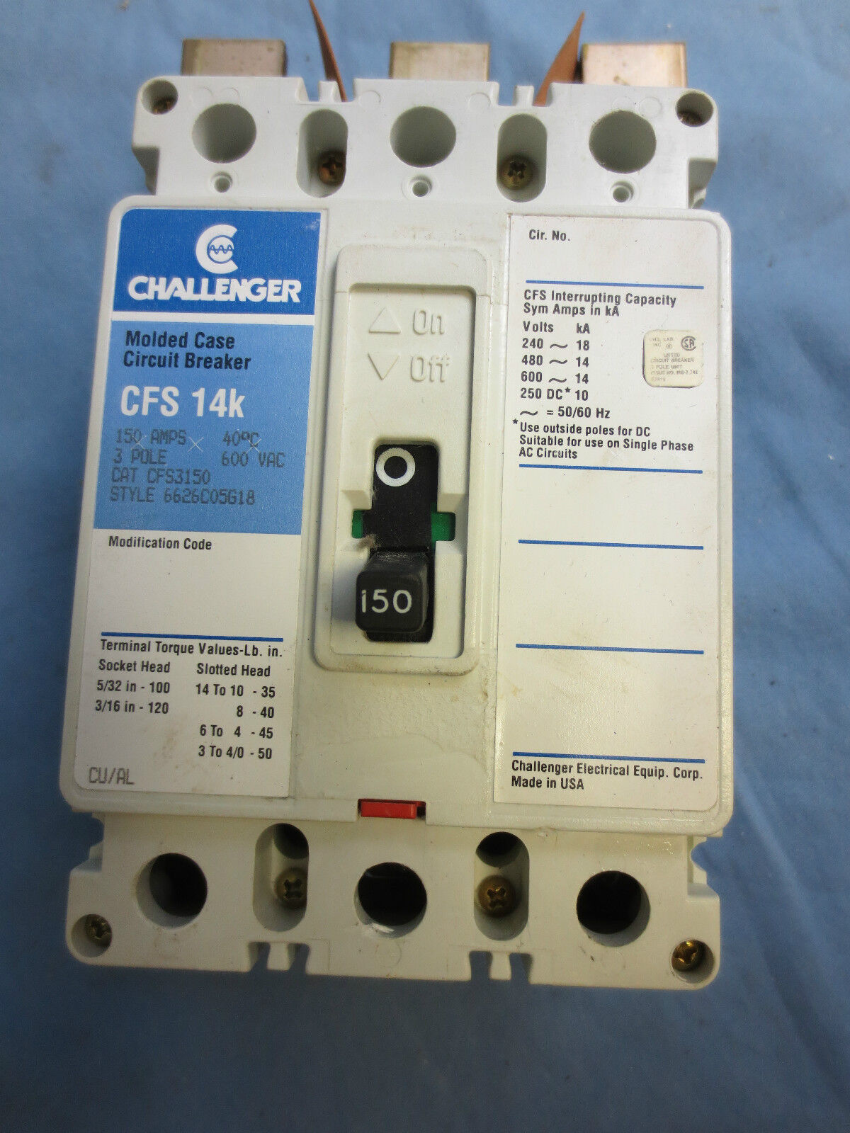 CHALLENGER CFS3150 MOLDED CASE CIRCUIT BREAKER CFS 14k - 150A 3-POLE FD3150