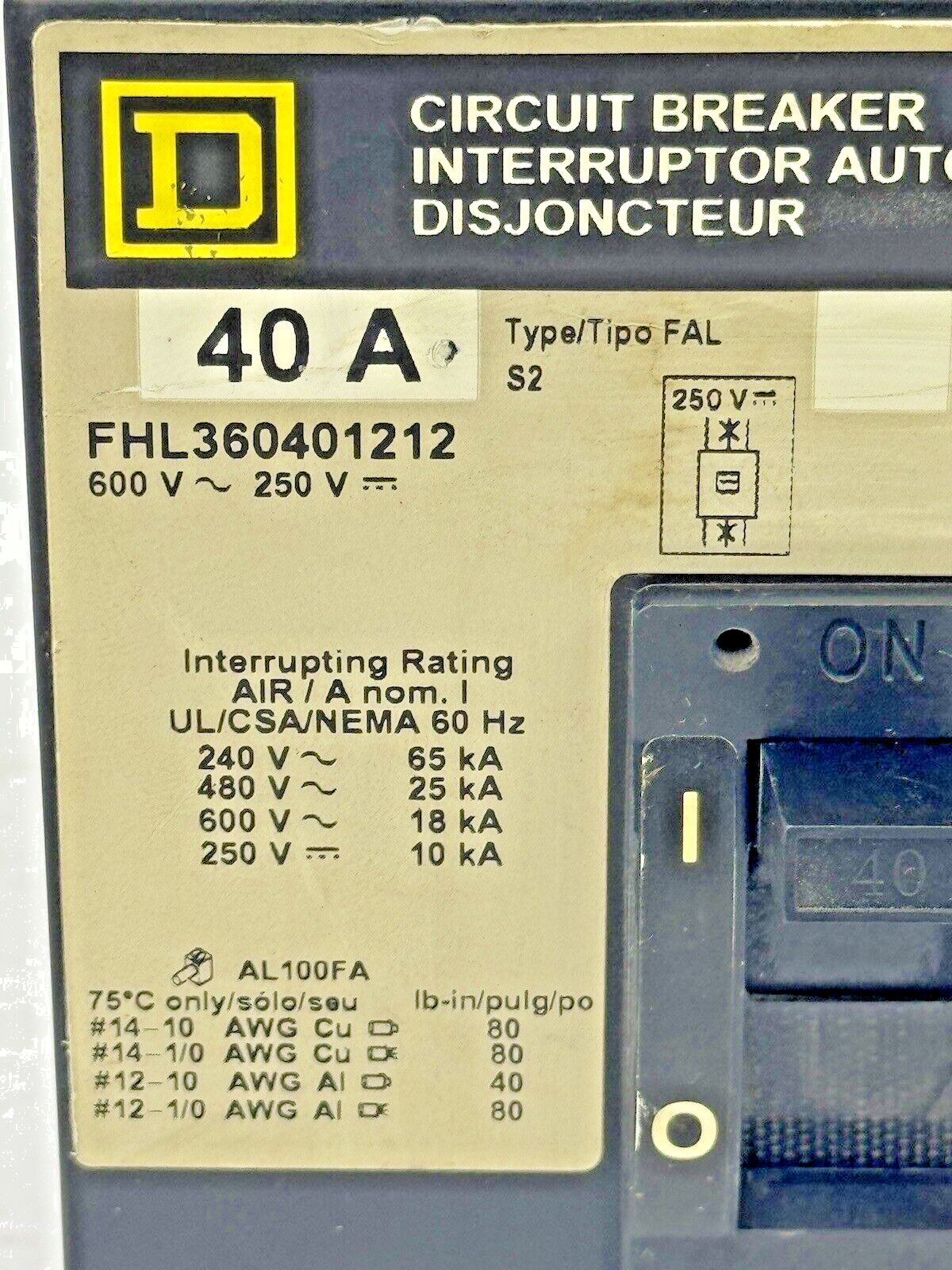 SQUARE D - FHL360401212 - MAG-GARD CIRCUIT BREAKER W/ AUX - 40A/3 POLE/600VAC