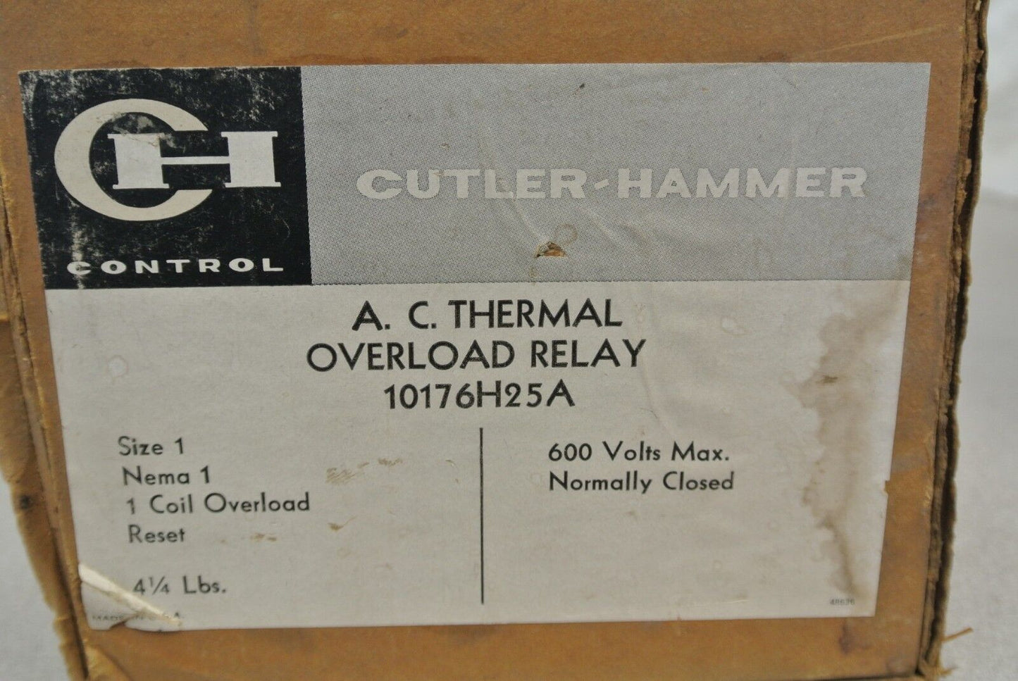 CUTLER-HAMMER 10176H25A AC THERMAL OVERLOAD RELAY / 600V / N.C. / NEW SURPLUS