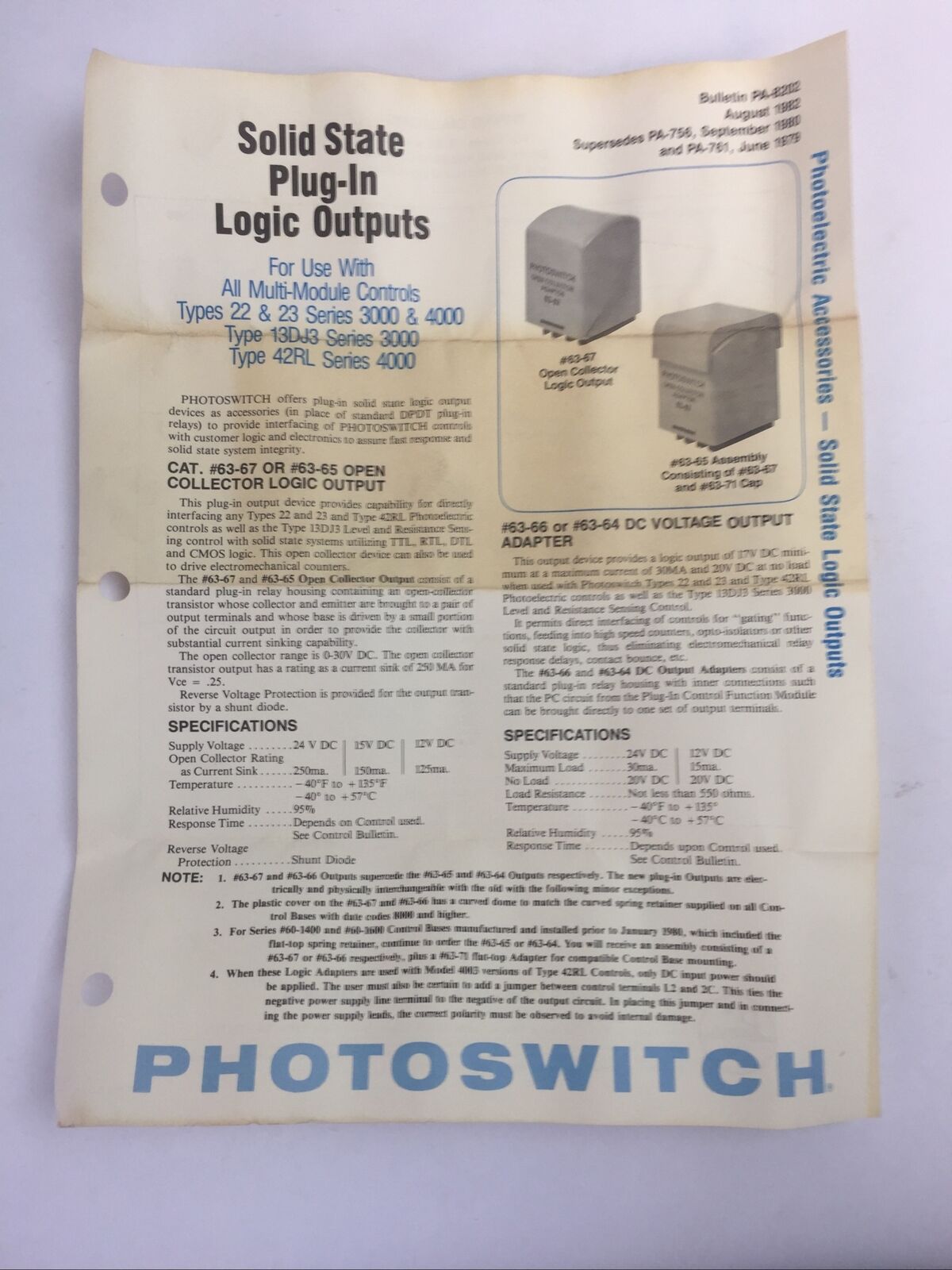 PHOTOSWITCH 63-65 SOLID STATE LOGIC OUTPUT OPEN COLLECTOR CURRENT SINK