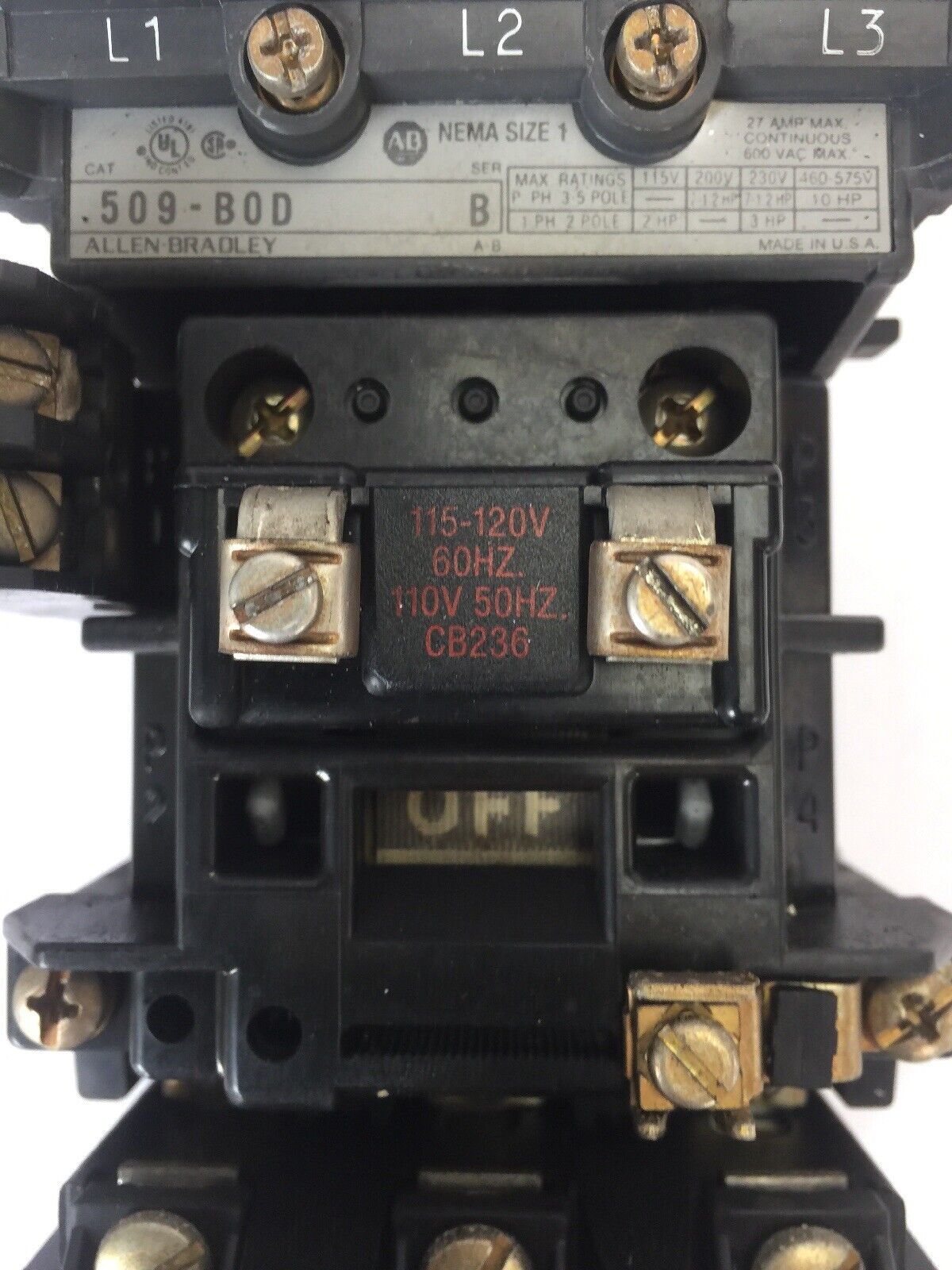 ALLEN BRADLEY 509-B0D SIZE 1 STARTER 600VAC 27AMP 10HP W40 HEATERS 120V COIL