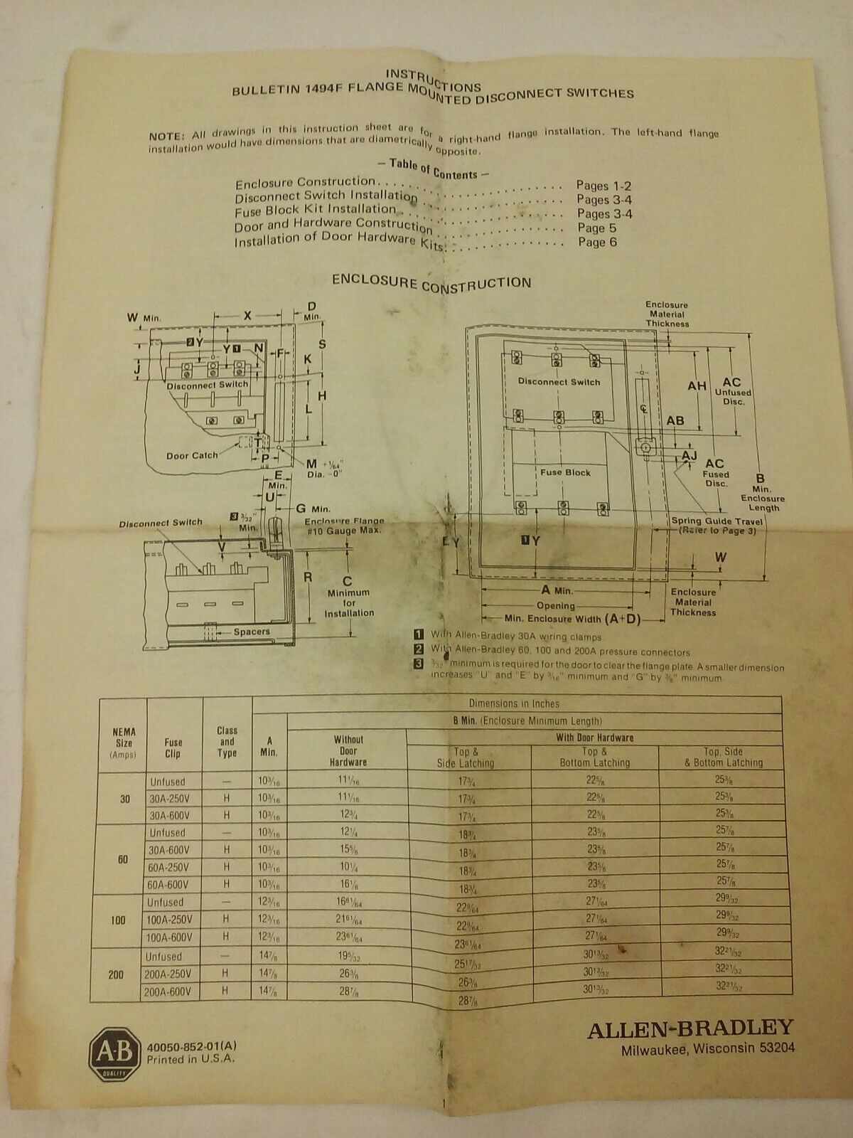 ALLEN BRADLEY 1494F-L4 DOOR HARWARE KIT