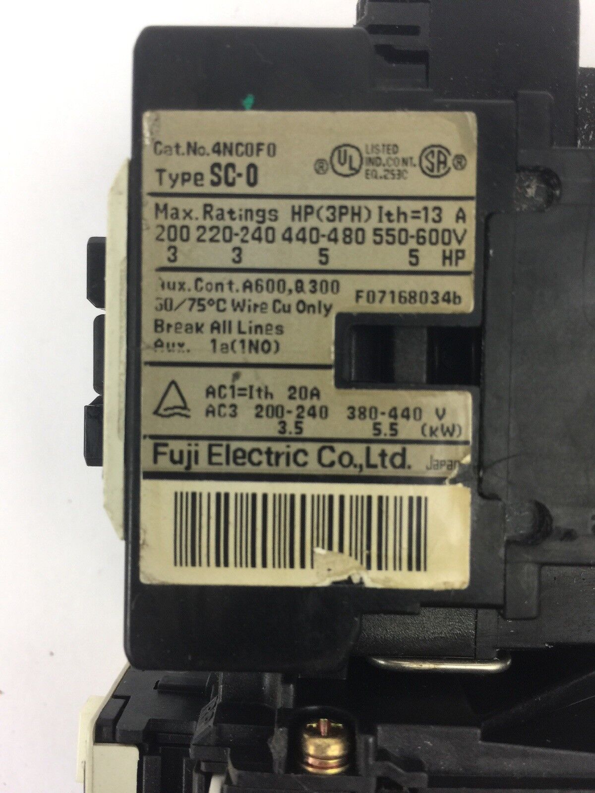 FUJI ELECTRIC 4NC0F0 TYPE SC-0 CONTACTOR 4NK0AN TYPE TK-0N OVERLOAD RELAY