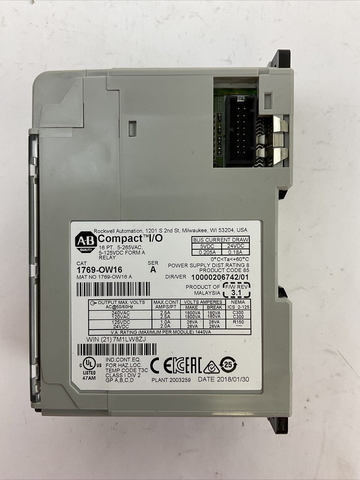 ALLEN BRADLEY 1769-OW16 SER A F/W REV 3.1 DIR/VER 10000206742/01 FORM A RELAY